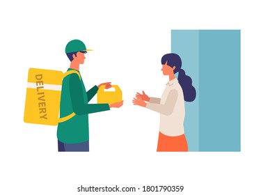 Vector illustration for the online delivery service concept. Woman received her order. Isolated graphics.