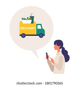 Vector illustration for the online delivery service concept. Woman ordered food on app. Food delivery concept.