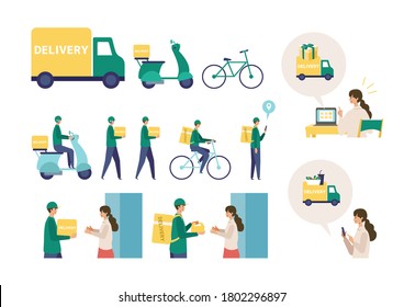 Vector illustration for the online delivery service concept. Truck,  scooter, bicycle and delivery man. Food delivery concept.