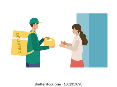 Vector illustration for the online delivery service concept. Woman received her order. Isolated graphics.