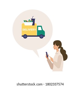 Vector illustration for the online delivery service concept. Woman ordered food on app. Food delivery concept.