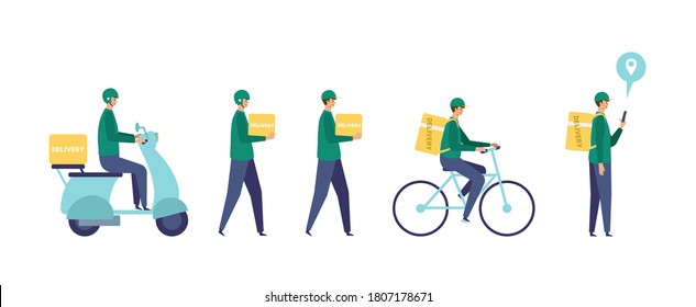 Vector illustration for the online delivery service concept. Scooter, bicycle and delivery man. Food delivery concept.