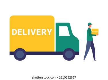 Vector illustration for the online delivery service concept. Truck and delivery man. Food delivery concept.