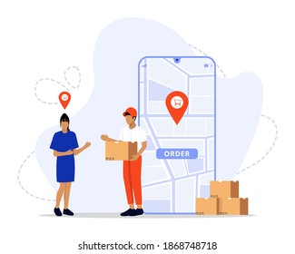 Vector Illustration, Online Delivery Service Concept, Showing a delivery man sending package to customer, Suitable for landing page, UI, web, App intro card, editorial, flyer, and banner
