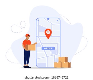 Vector Illustration, Online Delivery Service Concept, Showing a delivery man sending package to customer, Suitable for landing page, UI, web, App intro card, editorial, flyer, and banner
