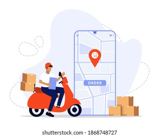 Vector Illustration, Online Delivery Service Concept, Showing a delivery man sending package to customer, Suitable for landing page, UI, web, App intro card, editorial, flyer, and banner
