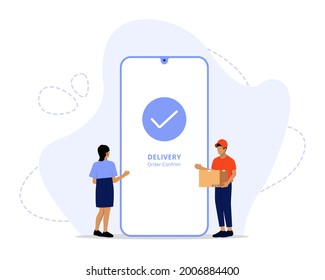 Vector Illustration, Online Delivery Service Concept, Showing a delivery man sending package to customer, Suitable for landing page, UI, web, App intro card, editorial, flyer, and banner