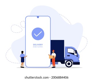 Vector Illustration, Online Delivery Service Concept, Showing a delivery man sending package to customer, Suitable for landing page, UI, web, App intro card, editorial, flyer, and banner