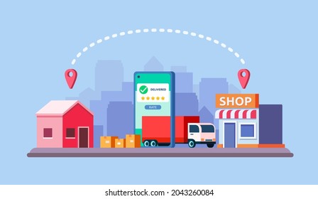 Vector illustration of online delivery service concept. Truck, home and shop. 