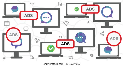 vector illustration of online desk screen web browsing and ads for online promotion cases