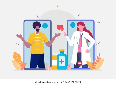 Vector Illustration, Online Doctor Concept, Showing online healthcare consultation using a mobile apps, Suitable for landing page, UI, web, App intro card, editorial, flyer,and banner