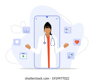 Vector Illustration, Online Doctor Concept, Showing online healthcare consultation using a mobile apps, Suitable for landing page, UI, web, App intro card, editorial, flyer, and banner