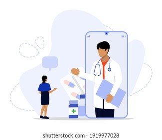 Vector Illustration, Online Doctor Concept, Showing online healthcare consultation using a mobile apps, Suitable for landing page, UI, web, App intro card, editorial, flyer, and banner