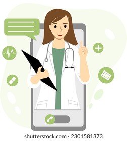 Vector illustration of online doctor medical consultation. Modern medical services and online telemedicine concept. Flat vector illustration isolated on white background.