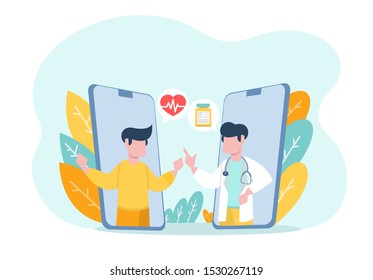 Vector illustration online doctor on smartphone with his patients,doctor online on a smartphone, online medical consultation, Healthcare services.vector illustration doctor suitable for web,ui and app