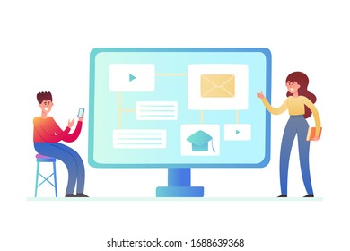 Vector illustration of online education, business training isolated on white. Computer with messages and standing tiny young man and woman - students in neon style use for poster, website, brochure