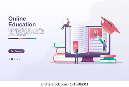 Vector illustration of online education concept, Students are studying online at home.