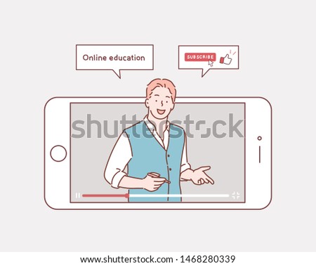 Vector illustration of online education. Concept of video blogging. The guy is in his video blog on the phone screen.  Hand drawn style vector design illustrations.