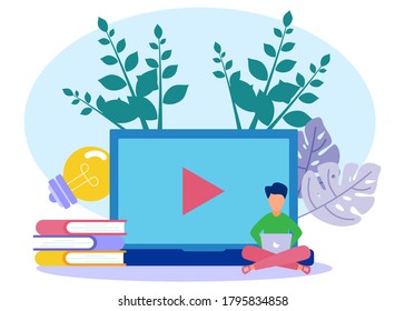 Vector illustration of online education concepts, video tutorials, webinars, online training and courses, class seminars, applications for distance learning, interactive training, presentation.