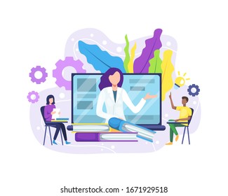 Vector illustration Online education or e-Learning concept. Online education concept banner with characters. Online training courses, specialization, university studies. Vector in flat style