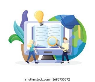 Vector illustration Online education or e-Learning concept. Online reading and Online Library concept. Online training courses, specialization, university studies. Vector illustration in flat style