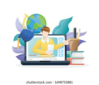 Vector illustration Online education or e-Learning concept. Online training courses, specialization, university studies. Vector illustration in flat style