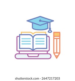 Ilustração vetorial de elementos de educação on-line e e-learning em cores pastel. Inclui boné de graduação, livro, laptop e lápis, estilo contornado.