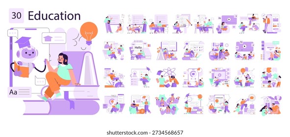 Vector illustration of online education featuring a student interacting with a robot tutor on a digital device. Various educational concepts and tools are creatively depicted in the image.