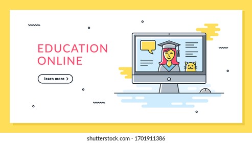 Vector illustration for online education. Flat color image of distance learning. Video chat with a student and a cute cat in the background. Bright modern concept for website, banner or landing page.