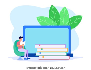 Vector illustration, Online education from home to home. Website development, e-learning and mobile site development concepts. The young man sat reading.