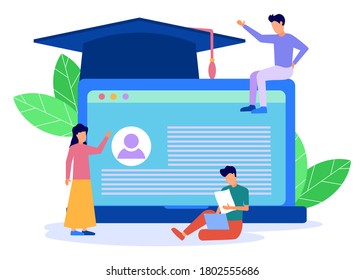 Vector illustration, Online education from home to home. Website development, e-learning and mobile site development concepts. The young man sat reading.