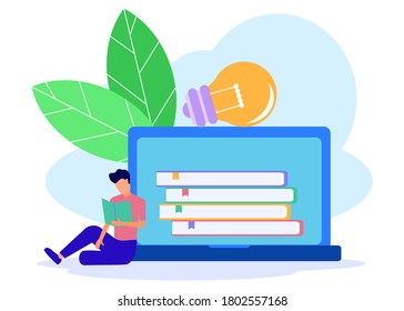 Vector illustration, Online education from home to home. Website development, e-learning and mobile site development concepts. The young man sat reading.