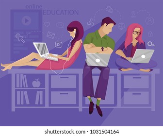 Vector illustration  of online education students