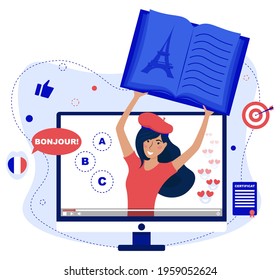 Vector illustration of online education.  Teacher, tutor. Language courses, school. Native speaker. Hello. Bonjour. Online studying.