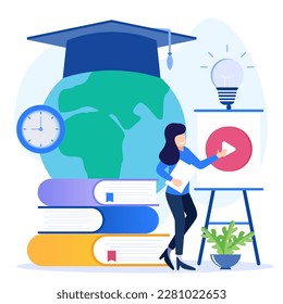 Vector illustration of online education theme and E-learning at home through webinar training. Learn remotely, face to face via screen.