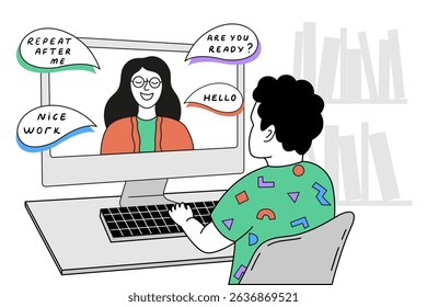 Vector illustration of an online English lesson. A teacher is visible on the computer screen, while a student sits at a desk listening and learning.

