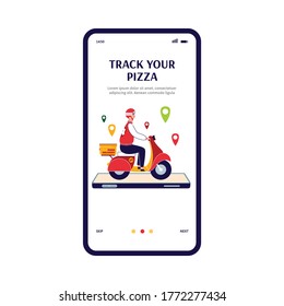 Vector illustration of an online food delivery service. The courier on a moped delivering a pizza. Food motorbike delivery. Page template for a mobile app or web design.