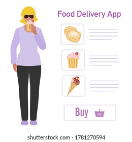 Vector illustration Online food, drink ordering app. Safe delivery. Fast courier service. Take away lunch home delivered. Menu mock up. E-commerce concept. Design for app, webpage, banner, print