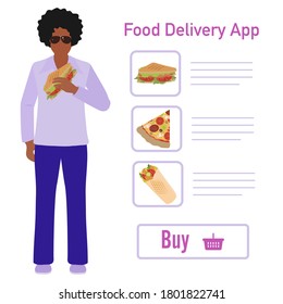 Vector illustration Online food, drink ordering app. Safe delivery. Fast courier service. Take away lunch home delivered. Menu mock up. E-commerce concept. Design for app, webpage, banner, print