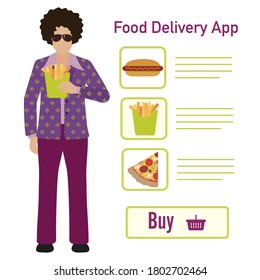 Vector illustration Online food, drink ordering app. Safe delivery. Fast courier service. Take away lunch home delivered. Menu mock up. E-commerce concept. Design for app, webpage, banner, print
