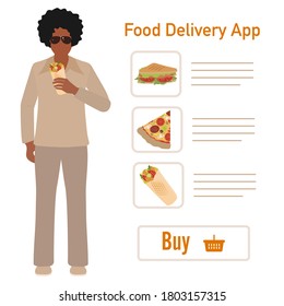 Vector illustration Online food, drink ordering app. Safe delivery. Fast courier service. Take away lunch home delivered. Menu mock up. E-commerce concept. Design for app, webpage, banner, print