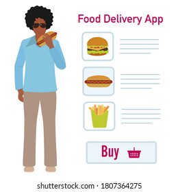 Vector illustration Online food, drink ordering app. Safe delivery. Fast courier service. Take away lunch home delivered. Menu mock up. E-commerce concept. Design for app, webpage, banner, print