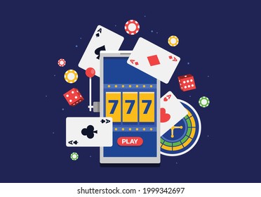 Vector illustration of online gambling platform for live poker, roulette, slot machine and dices. Online casino concept