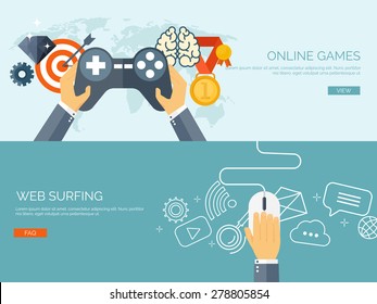 Vector illustration. Online games. Joystick and mouse. Web surfing. Player and gamepad. Entertainment. Internet.