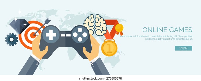 Vector illustration. Online games. Joystick. Web surfing. Player and gamepad. Entertainment. Internet.