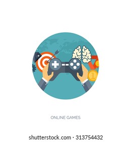 Vector illustration. Online games. Joystick. Web surfing. Player and gamepad. Entertainment. Internet.