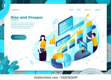 Vector Illustration -  Online Girl Asking Did You Know And Rise And Prosper Charts. Modern Bright Banner, Site Template With Place For Your Text.