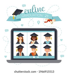 Vector illustration with online graduation for students in laptop in cartoon style. Virtual ceremony from home for design brochures, flyers, banners and others.
