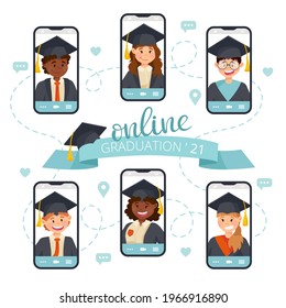Vector illustration with online graduation for university or high school students on mobile. Virtual ceremony from home for design brochures, flyers, banners and others.