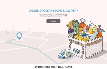 Vector Illustration Of An Online Grocery Store. Concept Of Delivery Service. Flat Cartoon Design Banner.  